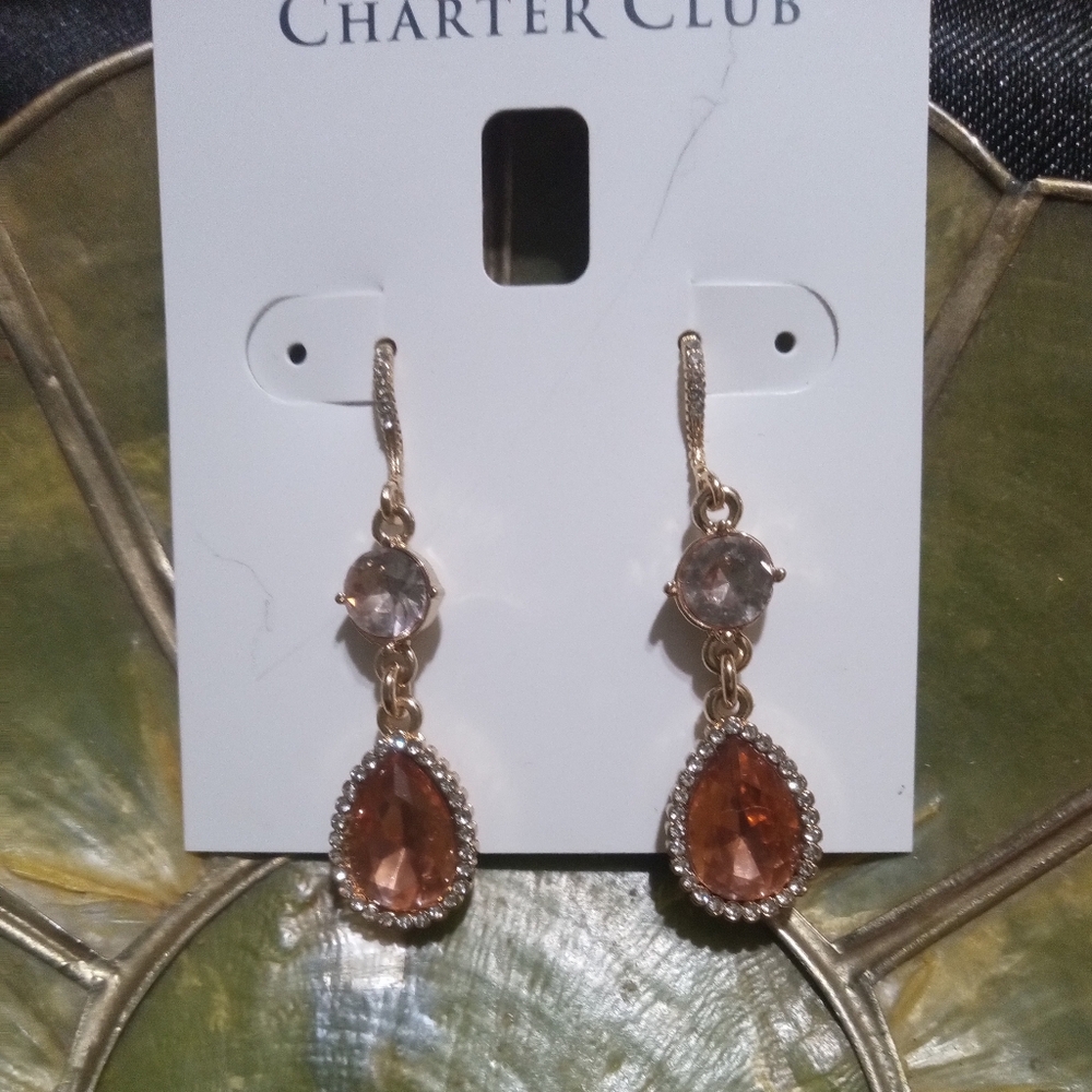 Champaign Pink and clear stone gold tone drop earrings
